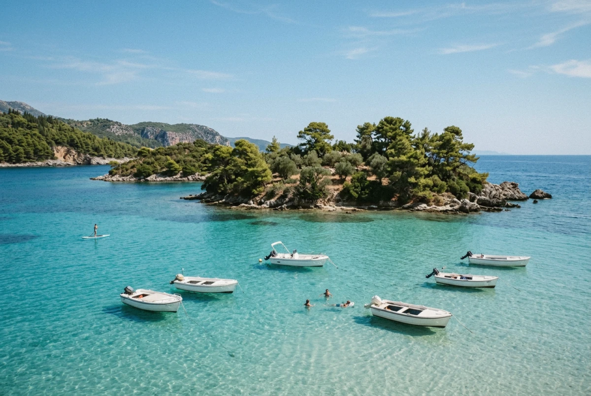 Day boats anchored in the shallow turquoise water of the Sivota Blue Lagoon, the blue lagoon near Corfu