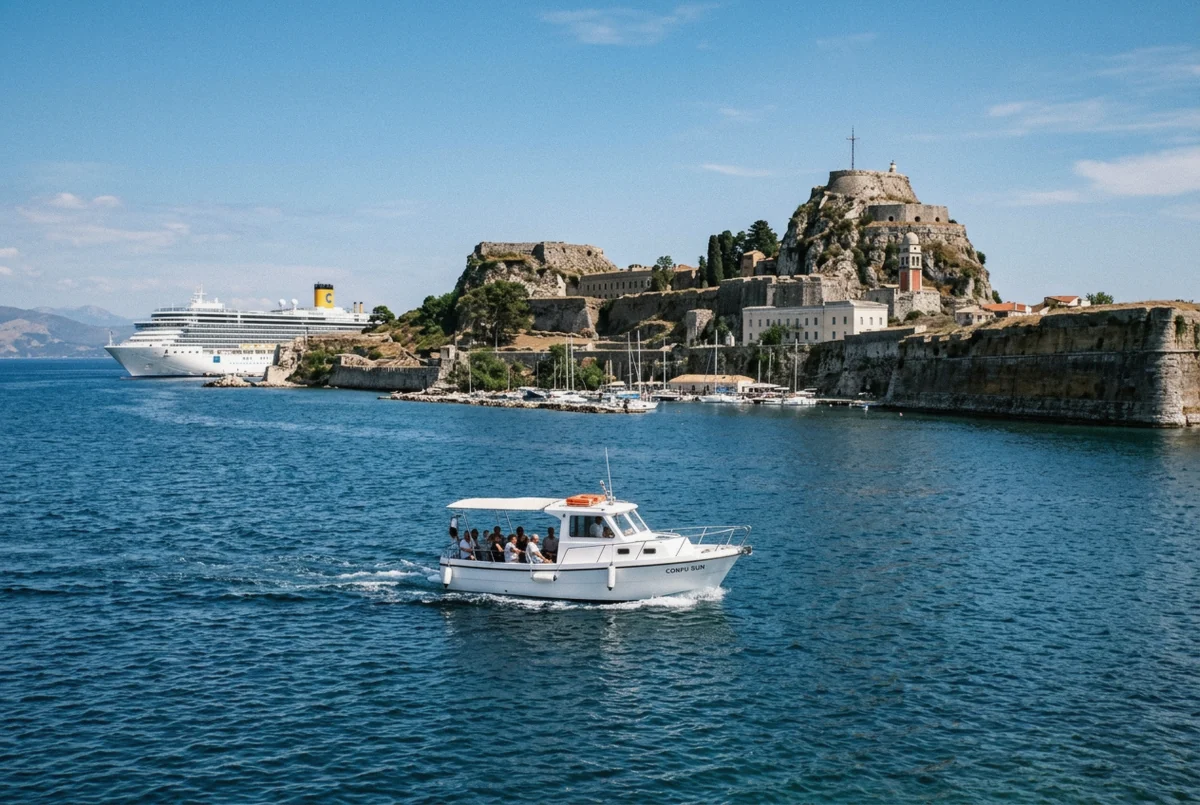 A harbour tour boat passing the Old Fortress with a cruise ship in port, a Corfu shore excursion by boat