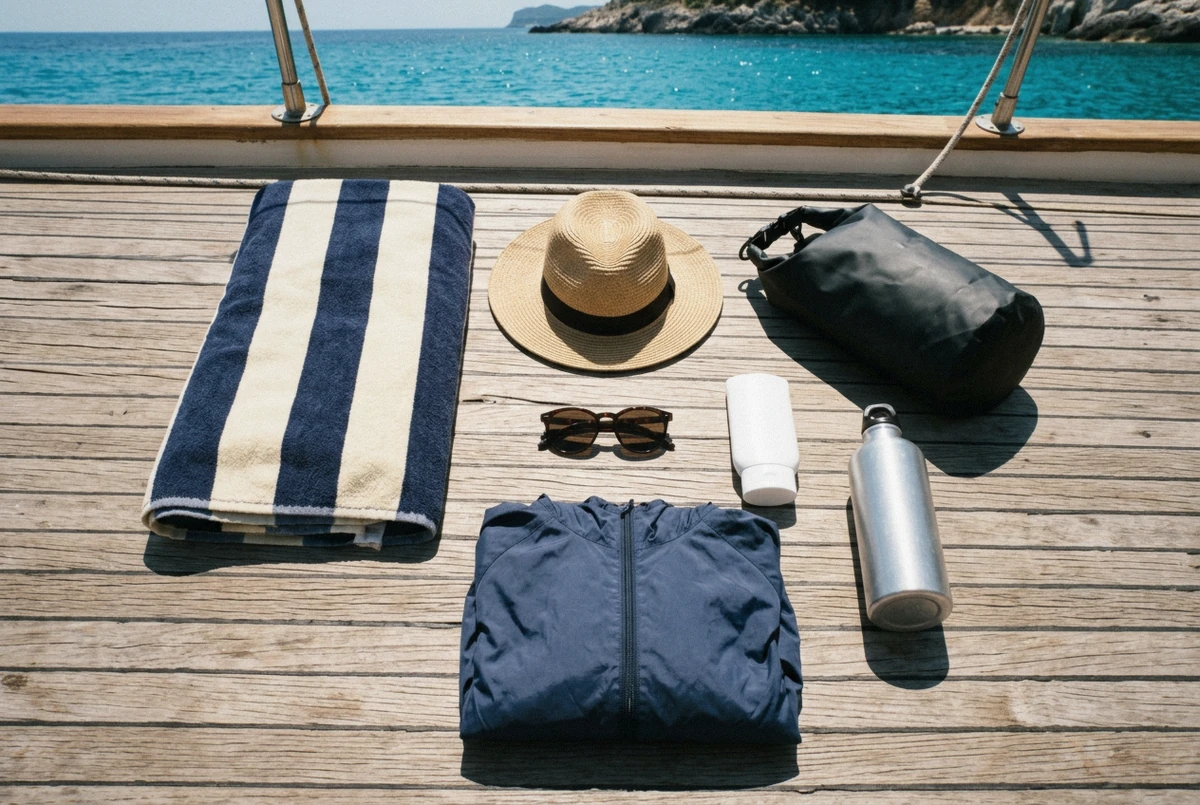 A towel, hat, dry bag and sunscreen laid out on a boat deck, what to bring on a boat trip in Corfu
