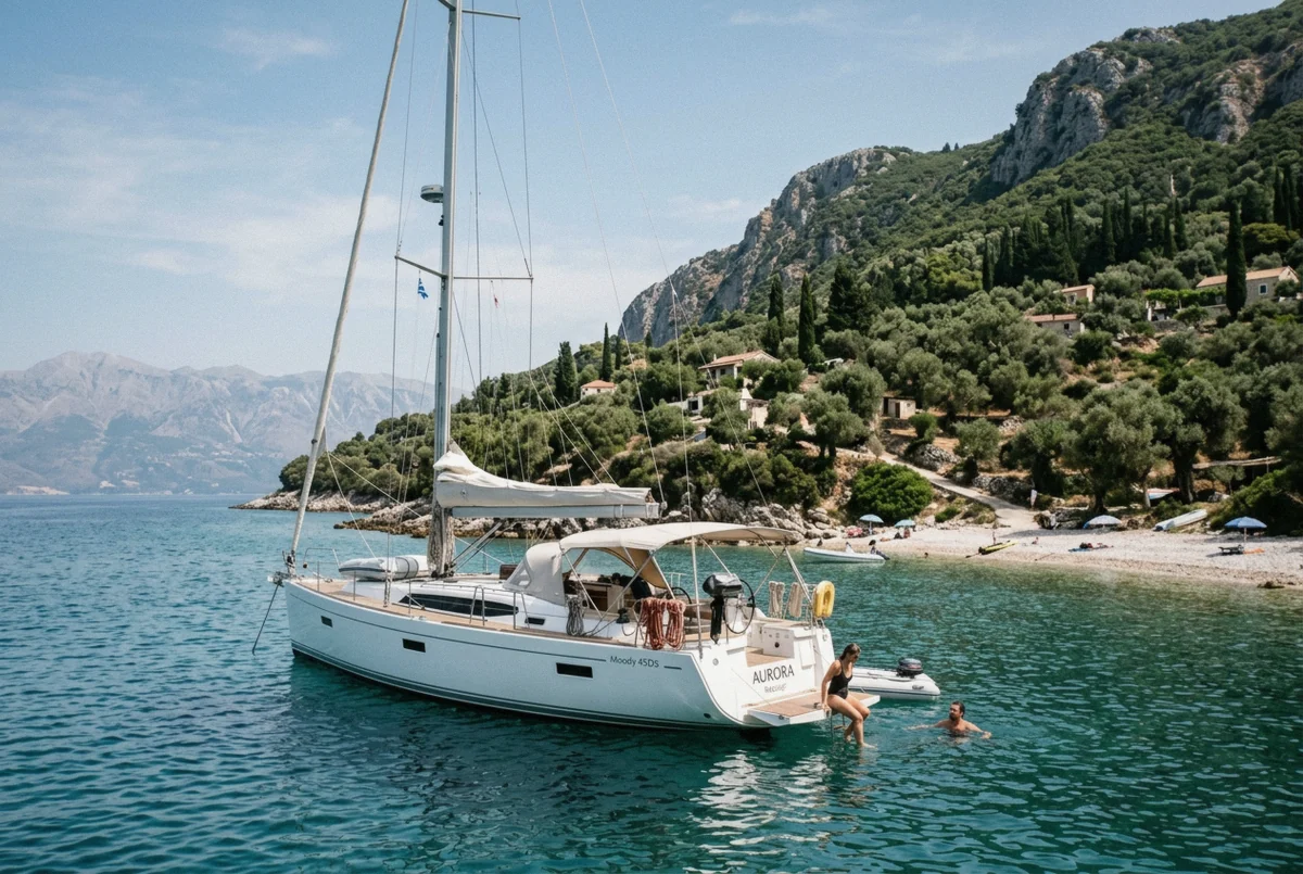 A sailing yacht anchored off a pebble beach on the northeast coast on a Corfu boat tour