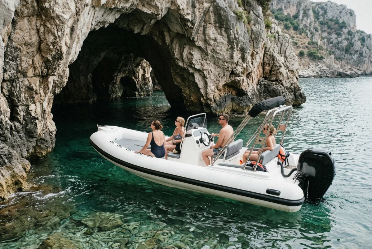 A modern speedboat with passengers at a limestone sea cave on a Paleokastritsa Corfu boat tour